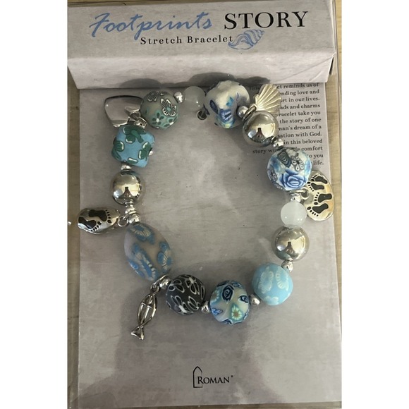 Footprints Story Stretch Bracelet Blue Floral Silver Tone Charm Roman - Picture 2 of 3